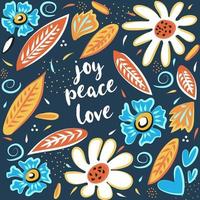 vreugde vrede liefde hand getrokken vector kaart. motiverende en inspirerende zin. poster, banner, wenskaart ontwerpelement