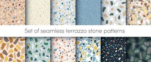 vector terrazzo vloeren naadloos patronen set. abstract natuurlijk kleur Italiaans getextureerde steen oppervlak, terrazzo concreet. klassiek graniet natuurlijk terrazzo vloer. interieur ontwerp achtergrond verzameling