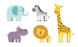 schattig tekenfilm stijl giraffe, olifant, leeuw, zebra en nijlpaard. tekening Afrikaanse baby wild dier set. soort glimlachen oerwoud safari dieren verzameling. vector eps creatief grafisch hand- getrokken prints