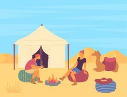 tekenfilm kleur tekens mensen en woestijn kamp tent. vector