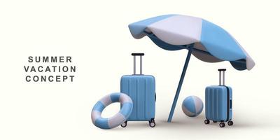 3d realistisch zomer vakantie concept. strand paraplu en reizen accessoires. vector illustratie.