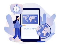wereld kaart. aardrijkskunde concept. klein meisje studies atlas aarde in app Aan smartphone scherm. globalisering. modern vlak tekenfilm stijl. vector illustratie Aan wit achtergrond