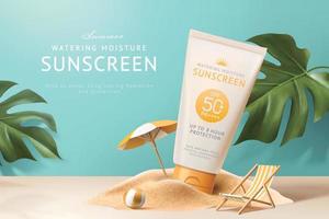 advertentie sjabloon voor zomer producten, zonnescherm buis mock-up weergegeven Aan zand stapel met monstera bladeren, 3d illustratie vector