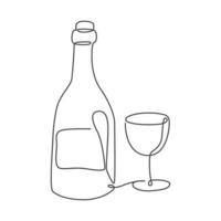 fles en glas van wijn doorlopend lijn tekening. vector