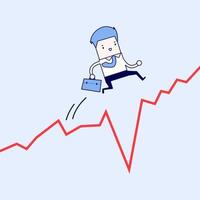 zakenman springt over de kloof in de groeigrafiek. cartoon karakter dunne lijn stijl vector. vector