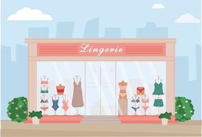 lingerie op te slaan Aan de straat. modern ondergoed winkel. kleinhandel pad. winkel venster met etalagepoppen en toont, hangers. beha, nachtkleding, bikini, panty. voorkant visie van op te slaan. vector illustratie.