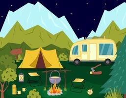 camping concept kunst. vlak stijl illustratie van mooi landschap, bergen, Woud, tent, en een kampvuur. ontwerp voor banier, poster, website, embleem, logo en anderen. vector