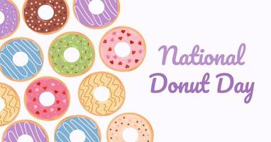 nationaal donut dag spandoek. vieringen promotionele folder. vlak tekenfilm illustratie van verscheidenheid donuts. vector
