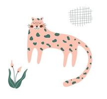 schattig Jachtluipaard afdrukken. roze Jachtluipaard geïsoleerd dier. wild kat illustratie. luipaard tekening element. grafisch safari groot oerwoud kat, tropisch bloem. kinderen naief kunst. vector grappig dieren in het wild jaguar.