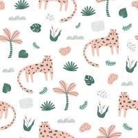 schattig panter. wild kat patroon roze panter oerwoud kat textiel ontwerp. hand- getrokken safari Jachtluipaard. naadloos exotisch patroon wild dier, palm, oerwoud bladeren. herhaling afdrukken. vector illustratie.