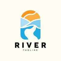 rivier- logo, wimpel vector, rivier- bank, bergen en boerderij ontwerp, illustratie symbool icoon vector