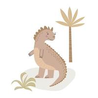 tekenfilm schattig dinosaurus met palm vector illustraties . prehistorisch hagedis geïsoleerd Aan wit achtergrond. hand- getrokken tekens reptielen ansichtkaart