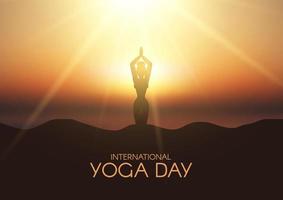 Internationale yoga dag achtergrond met vrouw in yoga houding in zonsondergang landschap vector