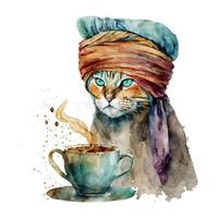 Turks kat met koffie beker. moslim kat met tulband. waterverf vector illustratie voor koffie huizen. geïsoleerd Aan wit achtergrond. kan worden gebruikt voor menu