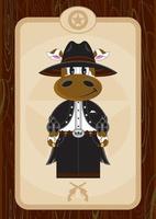 schattig tekenfilm wild west geweerschieten koe cowboy met zes schutter pistolen vector