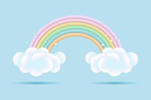 3d baby douche, regenboog met wolken en sterren Aan een pale blauw achtergrond, kinderachtig ontwerp in pastel kleuren. achtergrond, illustratie, vector. vector