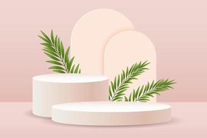 roze podium met palm bladeren voor de presentatie van producten Aan een pale roze achtergrond. 3d illustratie, vector
