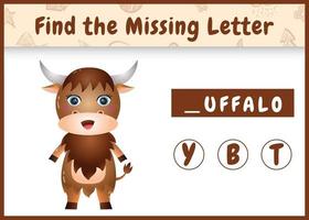 educatief spellingsspel voor kinderen om de ontbrekende letter met een schattige buffel te vinden vector