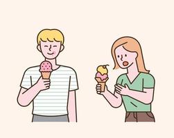 een man en een vrouw eten ijshoorntjes in hun handen. platte ontwerpstijl minimale vectorillustratie. vector