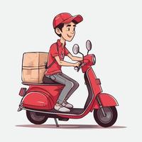 koerier in rood uniform Aan scooter. levering onderhoud. vector illustratie