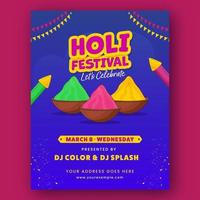 holi festival uitnodiging kaart sjabloon lay-out met kommen vol van droog kleuren, water geweren en evenement details. vector