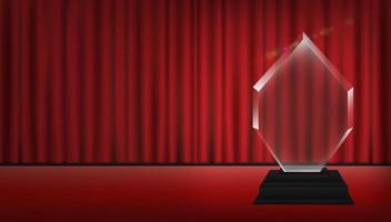 acryl trofee met rode gordijn podium achtergrond vector