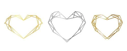 goud, zilver, bronzen contouren van meetkundig harten. vector veelhoekige kaders voor decoratie Valentijnsdag dag, bruiloft uitnodigingen en groet kaarten