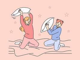 glimlachen meisjes hebben pret verloofd in hoofdkussen strijd in slaapkamer. gelukkig kinderen genieten pyjama- partij in bed Bij huis. vector illustratie.