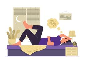 slapeloosheid Mens aan het liegen in bed met spanning gevoel voor slapeloos concept illustratie vector
