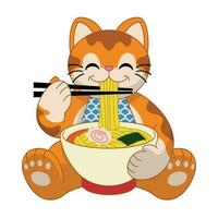 schattig kat aan het eten ramen noodle vector