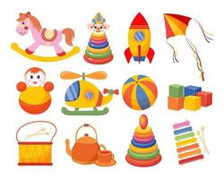 reeks van kinderen speelgoed. raket, pop, piramide, schommelen paard, helikopter en drums Aan een wit achtergrond. baby speelgoed pictogrammen, vector