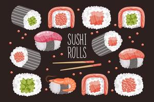 reeks van sushi broodjes en eetstokjes Aan een donker achtergrond. Aziatisch voedsel pictogrammen, restaurant menu, vector