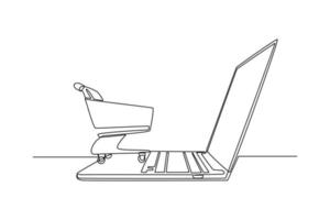 single een lijn tekening online boodschappen doen met laptop en karretje. e-commerce concept. doorlopend lijn trek ontwerp grafisch vector illustratie.