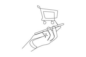 single een lijn tekening online boodschappen doen met trolley en smartphone. e-commerce concept. doorlopend lijn trek ontwerp grafisch vector illustratie.