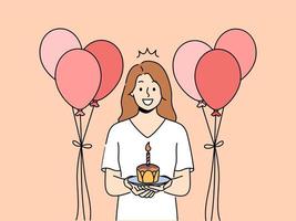 glimlachen vrouw met taart in handen en ballonnen vieren verjaardag. gelukkig meisje met koekje met kaars genieten verjaardag viering. vector illustratie.