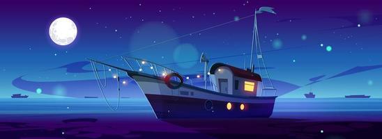 tekenfilm jacht drijvend in nacht zee vector