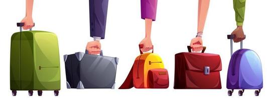 Mens en vrouw hand- houden reizen koffer vector reeks