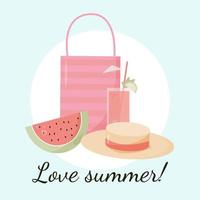 vector zomer kaart liefde zomer met strand tas, watermeloen, zomer cocktail, en hoed