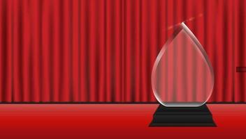 acryl trofee met rode gordijn podium achtergrond vector