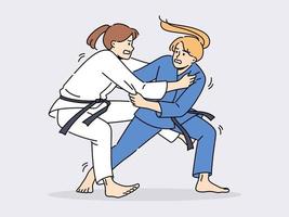 Dames in karate kimono's vechten Aan ring. vrouw atleten in uniform betrokken in krijgshaftig kunsten. sport en wedstrijd. vector illustratie.