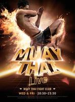 Mens aan het doen Muay Thais vliegend knie met brand effect, realistisch 3d illustratie leven tonen poster ontwerp vector