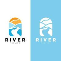 rivier- logo, wimpel vector, rivier- bank, bergen en boerderij ontwerp, illustratie symbool icoon vector