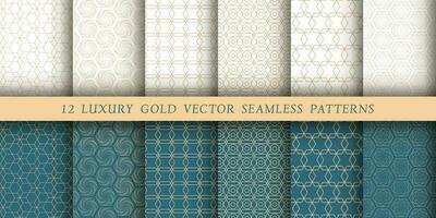 set van 12 luxe vector naadloze patronen. geometrische patronen op een witte en smaragdgroene achtergrond. moderne illustraties voor wallpapers, flyers, covers, banners, minimalistische ornamenten, achtergronden.