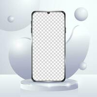 3d zwart mobiel telefoon mockup met podium achtergrond vector