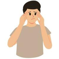 Mens gevoel hoofdpijn en gefrustreerd met hand- Aan hoofd illustratie vector
