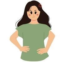 een portret van boos vrouw met hand- Aan heupen en boos gebaar illustratie vector