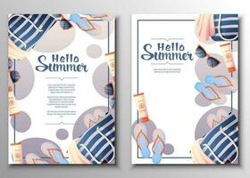 folder reeks met strand zak en accessoires. zomer tijd, Hallo zomer, strand uitstraling. korting banier, Promotie, reclame. vector