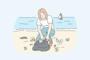 vrouw vrijwilliger schoonmaak strand, opslaan planeet en natuur bescherming concept vector