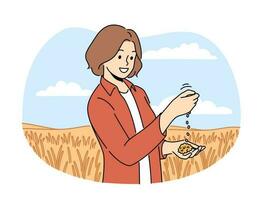 vrouw boer inspecteren Bijsnijden in landbouw veld. agronoom kijken Bij oogst soja bonen in plantage. landbouw en agronomie. vector illustratie.