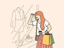 glimlachen vrouw met zak kijken Bij vitrine kiezen jurk. gelukkig vrouw koper kijken Bij venster geval kopen kleren. shopaholic en mode. vector illustratie.